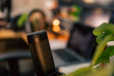 Üç monitör, not defteri, mikrofon ve yeşil bitkilerden oluşan sıcak ve rahat bir masa düzeni. Yaratıcı işler için minimalist bir Japon estetiğine sahip..