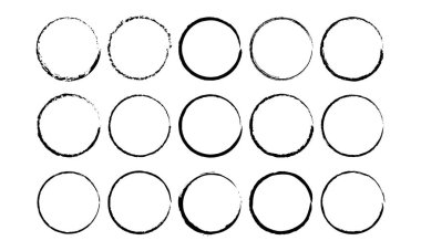 Beyaz arkaplanda yuvarlak fırça darbesi dokusu vektörü koleksiyonu. Çember Fırça Siyah ve Beyaz vektör çizimi