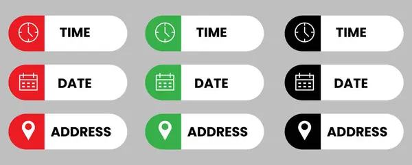 Saat, tarih, adres düğmesi, ui tasarım vektörü. Saat, takvim, konum simgesi belirleme vektörü