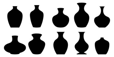 Çeşitli Dekoratif Vazoların Silüetleri Koleksiyonu beyaz arkaplanda izole edilmiş vektör.
