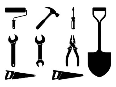 Siyah ve Beyaz İnşaat Aletleri Simgeleri. boya silindiri, çekiç, tornavida, anahtar, kerpeten, testere, kürek silueti siyah beyaz vektör çizimi