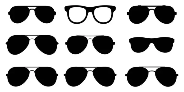 Güneş gözlüğü ve gözlük silueti koleksiyonu beyaz arkaplanda vektör belirledi. havacı, pilot, moda, gözlük simgesi vektör tasarım elementi