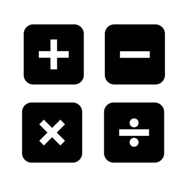 Temel matematiksel sembol siluet vektör illüstrasyonunu beyaz arkaplanda ayarladı. Artı, eksi, beyaz arkaplanda simge vektörünü çarp, böl