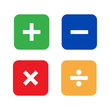 Temel matematiksel sembol kümesi vektörü. Artı, eksi, beyaz arkaplanda simge vektörünü çarp, böl