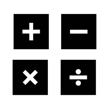 Temel matematiksel sembol siluet vektör illüstrasyonunu beyaz arkaplanda ayarladı. Artı, eksi, beyaz arkaplanda simge vektörünü çarp, böl