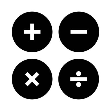 Temel matematiksel sembol siluet vektör illüstrasyonunu beyaz arkaplanda ayarladı. Artı, eksi, beyaz arkaplanda simge vektörünü çarp, böl