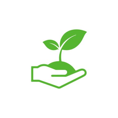 Beyaz arkaplanda büyümeyi ve besleyici vektör simgesini simgeleyen bir tohumu tutan el ele tutuşması