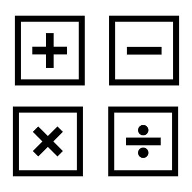 Temel matematiksel sembol siluet vektör illüstrasyonunu beyaz arkaplanda ayarladı. Artı, eksi, beyaz arkaplanda simge vektörünü çarp, böl