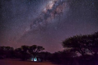 Yıldızlı gökyüzünün altındaki ağaçlarla çevrili eski bir binanın güzel bir görüntüsü.