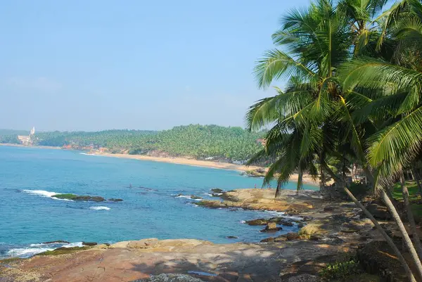 beautiful tropical beach with blue sky and trees