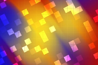 Renkli soyut geometrik desen, eğimli arkaplan üzerinde canlı kareler ve üçgenler.