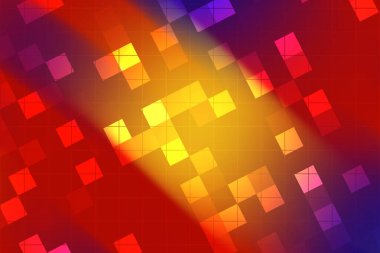 Ilık sarı merkezli renkli pikselli desenlere sahip canlı ve soyut bir arkaplan