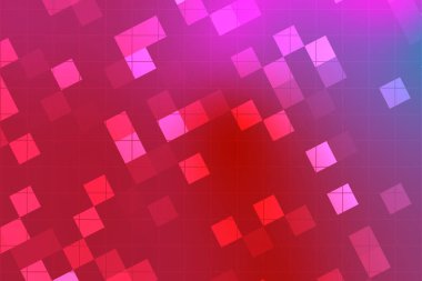 Renkli kareler içeren soyut geometrik desen canlı kırmızı bir arkaplana karşı değişken opaklıkta