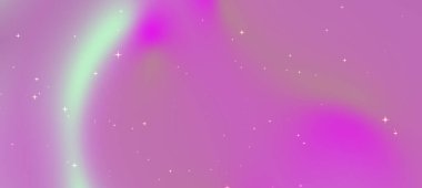 Kıvrımlı pembe ve yeşil renkleri dağınık yıldızları ve rüya gibi bir atmosferi olan canlı bir kozmik arka plan.