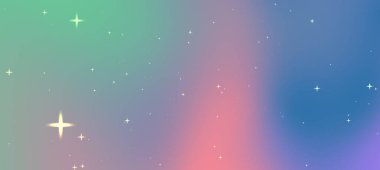 Renkli gradyan ve parıldayan yıldızlarla soyut kozmik arkaplan rüya gibi bir atmosfer yaratıyor.