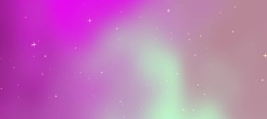 Parlak pembe ve yeşil renklere, dağınık yıldızlara ve ruhani ışıltıya sahip soyut kozmik arkaplan