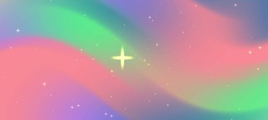 Yumuşak dalgalar ve parıldayan yıldızlarla soyut pastel eğimli, rüya gibi bir kozmik atmosfer yaratıyor.