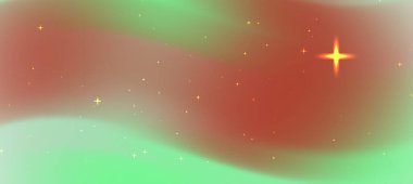 Parlak yıldızlı kırmızı ve yeşil kıvrımlı soyut girdap renkleri rüya gibi bir kozmik zemin oluşturur.