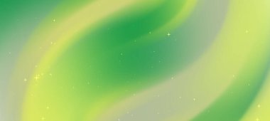 Soyut yeşil ve sarı kıvrımlı desen, sakin bir arkaplanda yıldızımsı elementler var.