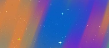 Renkli çizgiler ve parıldayan yıldızlarla dolu canlı bir kozmik arka plan rüya gibi bir atmosfer yaratıyor.