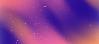 Canlı mor ve pembe renkler, dağınık yıldızlar ve rüya gibi bir atmosfer içeren soyut bir kozmik arka plan.