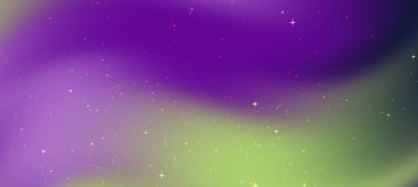 Değişen mor ve yeşil renkleri ve rüya gibi bir atmosferde dağınık yıldızları olan soyut bir kozmik arkaplan.