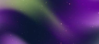 Gece gökyüzünde parlak mor ve yeşil renkleri ve dağınık yıldızları barındıran soyut kozmik manzara
