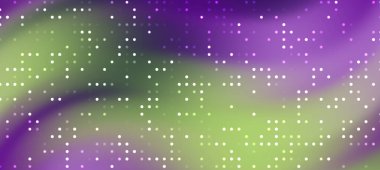 Yumuşak mor ve yeşil renkleri olan soyut gradyan arkaplan, beyaz elementlerle noktalanmış, dijital tasarım için mükemmel.