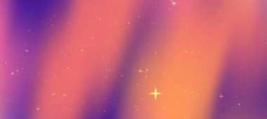 Yumuşak mor ve turuncu renklere sahip soyut eğimli arkaplan, ışıldayan yıldızlar ve rüya gibi bir atmosfere sahip
