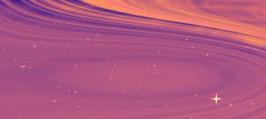 Parlayan yıldızlı parlak mor ve turuncu renkli soyut girdaplar rüya gibi bir kozmik sahneyi çağrıştırıyor.