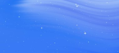 Kıvrımlı bulutları ve parlak yıldızları olan sakin mavi gökyüzü, sakin bir gece atmosferi yaratıyor.