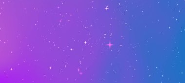 Canlı bir kozmik arkaplan, dağınık yıldızlı pembe ve mavi renkli bir gradyan içerir.