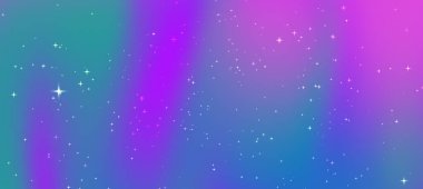 Renkli kozmik arkaplan, parlak eğimli ve parıldayan yıldızlar rüya gibi bir atmosfer yaratıyor.