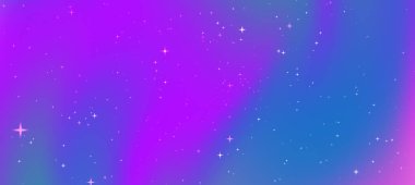 Pembe ve mavi renkli canlı bir kozmik arka plan, dağınık yıldızlar rüya gibi bir atmosfer yaratıyor.