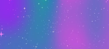 Parlayan yıldızlarla dolu canlı bir kozmik arkaplan ve mor ve mavi renkli bir gradyan.