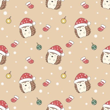 Noel Baba şapkasıyla gülümseyen kusursuz bir kirpi deseni. Tatil tasarımları, şenlikli arka planlar ve mevsimlik dekorlar için mükemmel..