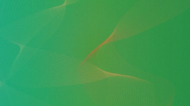 Dokulu yeşil arkaplan, turuncu ve sarı tonlarında ince ve akıcı çizgilerden oluşan dinamik bir desen içerir ve hareket hissi yaratır..