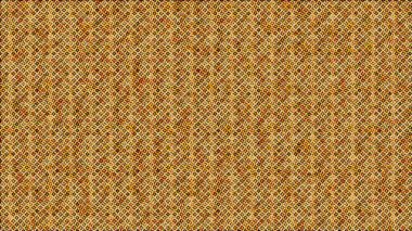 Dağınık noktalı sarı ve turuncu bir arkaplan üzerinde siyah çizgilerle biçimlendirilmiş dört yapraklı çiçeklerin yoğun, tekrarlayan geometrik deseni.