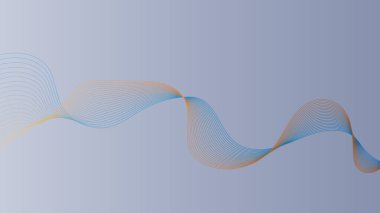 Mavi ve turuncu tonlarda akışkan katmanlı çizgiler içeren bir minimalist tasarım sessiz gri bir arkaplana karşı. Çizgiler dinamik bir dalga deseni oluşturuyor..