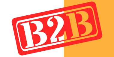 Canlı bir grafik, kırmızı yuvarlak bir dikdörtgen içine sarılı koyu beyaz ve sarı B2B harflerini içerir. Arka plan beyaz ve ılık bir portakal arasında bölünmüş..