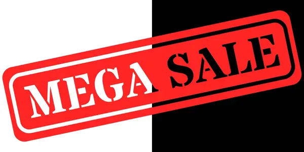 Çarpıcı kırmızı dikdörtgen bir damga. Üzerinde koyu beyaz ve siyah harflerle Mega satışı yazıyor. Damga açılıdır, beyaz ve siyah arasında dikey olarak bölünmüş bir arkaplan üzerine kuruludur..