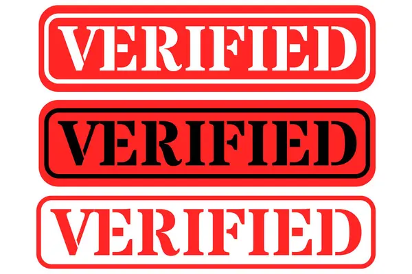 Üç yatay dikdörtgen pullu bir grafik tasarımı. Üst ve alt pullar beyaz metin ile kırmızıdır, orta damga beyaz metin ile siyahtır, hepsi 'VERIFIED' okunur.