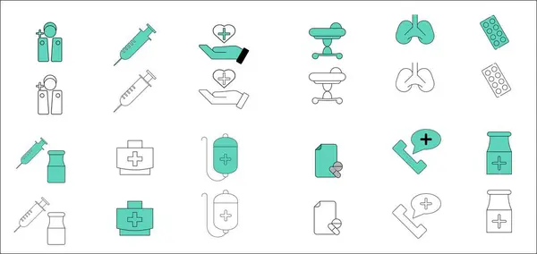 Tıbbi Simgeler Şırınga, Ciğerler, Haplar, Serum Torbası ve Doktor Sembol Vektörlerini Ayarla