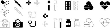 Tıbbi Simgeler Hapları, Şırıngaları, Test Tüplerini ve Sağlık Sembolleri Vektörlerini Ayarla
