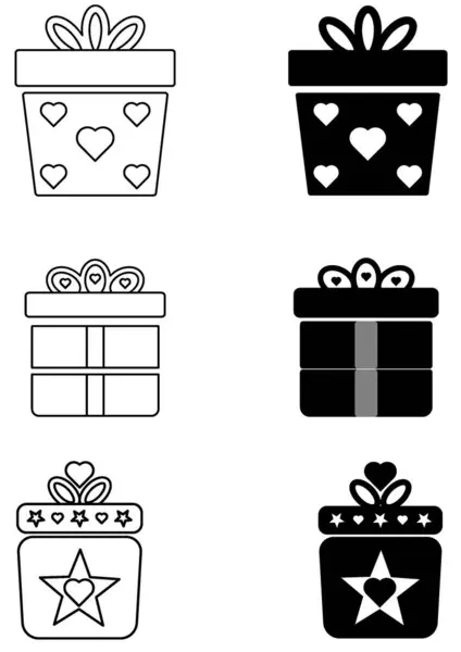 Siyah ve Beyaz Hediye Kutusu Simgesi Seti Kalpler, Yıldızlar ve Kurdele Aksanları Özeti ve Doldurulmuş Styles