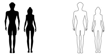 Dış Hatlar Vücut Şekli Vektör Simgelerine sahip İnce Erkek ve Kadın Silueti