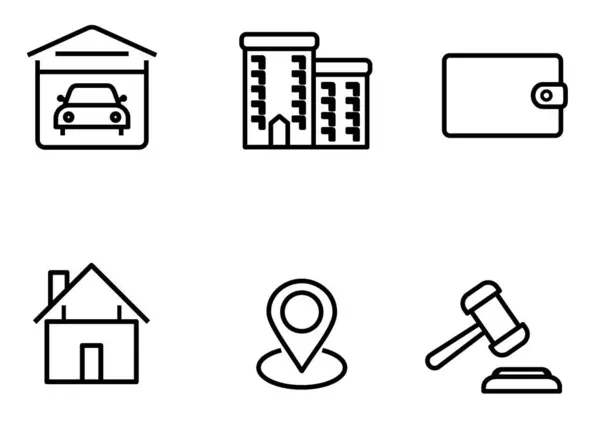 Emlak ve Mülkiyet Çizgisi Simgeleri Ev, Konum, Cüzdan, Hukuk, Garaj, Bina Sembolleri Ayarladı