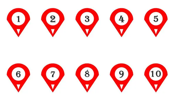 1 'den 10' a kadar olan Kırmızı Harita Konum İşaretleyicileri
