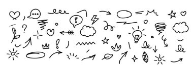 El yapımı Doodle Simgeleri (124) Skeç Okları, Kalpler, Yıldızlar, Bulutlar, Ampul, Semboller