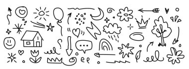 El Çizimi Çizimi Resim Simgeleri - 124Oklar, Kalpler, Yıldızlar, Çiçekler, Bulutlar, Ağaç, Gökkuşağı, Ev, Eğlence Elementleri